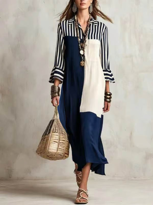 Vestido Midi Camisero Con Mangas Campana Y Bloques De Color En Contraste