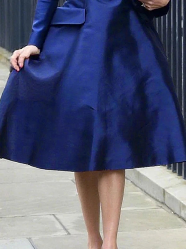 VESTIDO MIDI LINEA A CINTURA ALTA CON BOLSILLOS Y ESCOTE CUADRADO MANGA LARGA COLOR SOLIDO