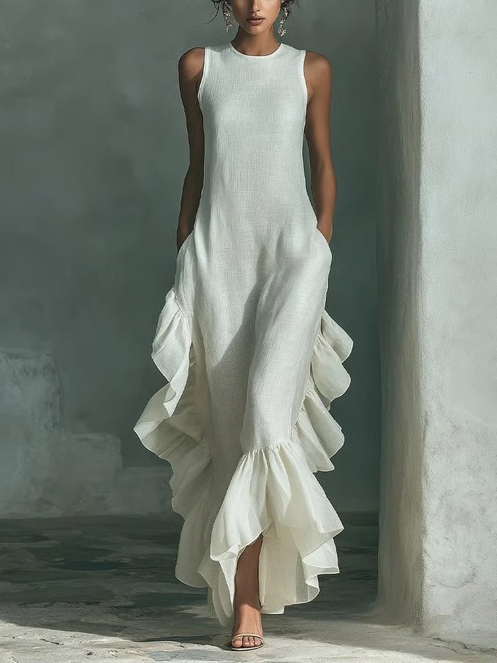 Vestido Maxi Sin Mangas Con Volantes Laterales En Cascada Y Bolsillos