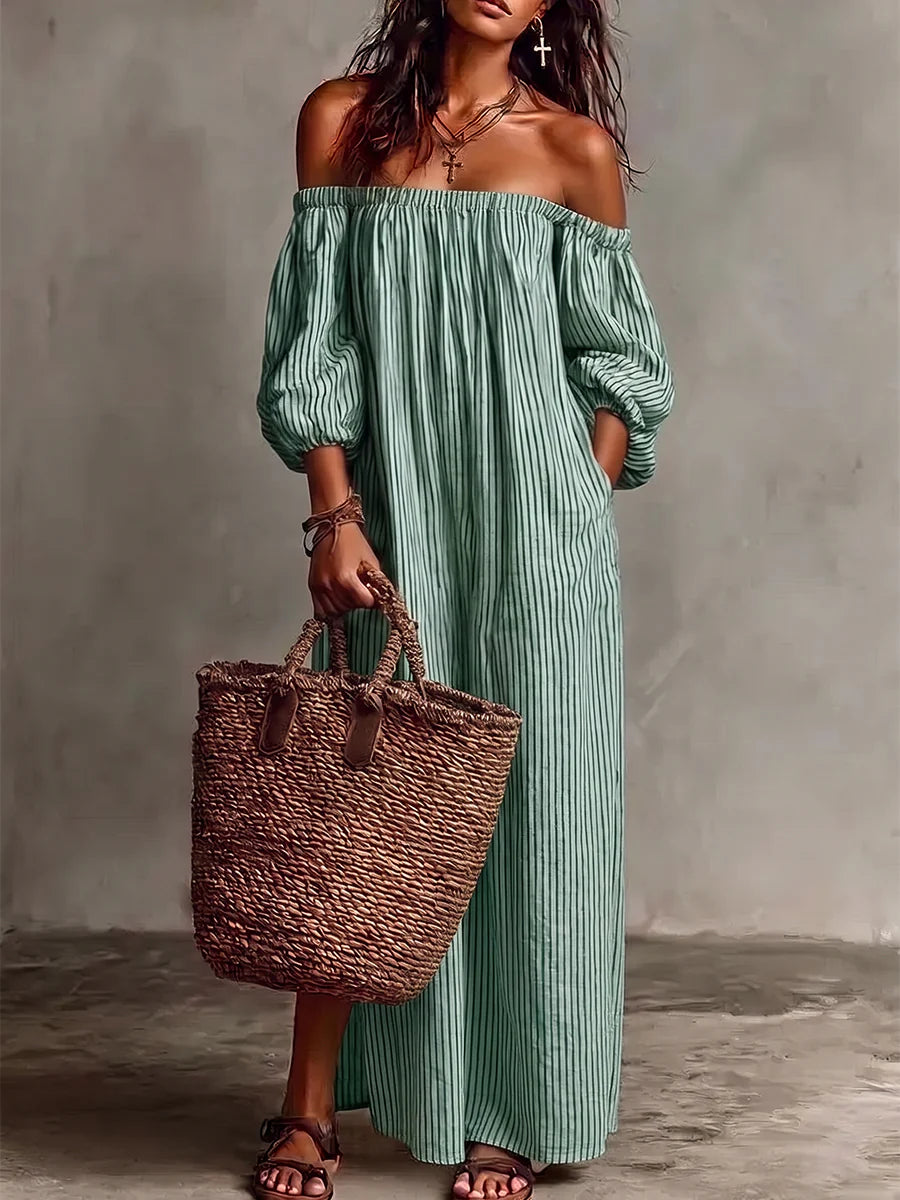 Vestido Midi Plus Size Hombros Descubiertos A Rayas