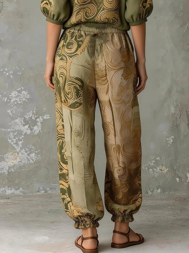 Conjunto Dos Piezas - Blusa Manga Media Con Contraste De Color Y Estampado Cuello En V + Pantalón Cintura Alta Con Lazada Y Bolsillos