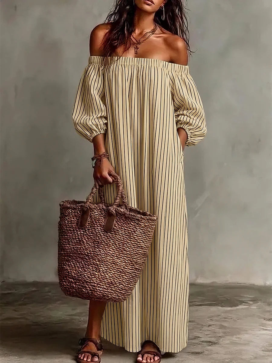 Vestido Midi Plus Size Hombros Descubiertos A Rayas