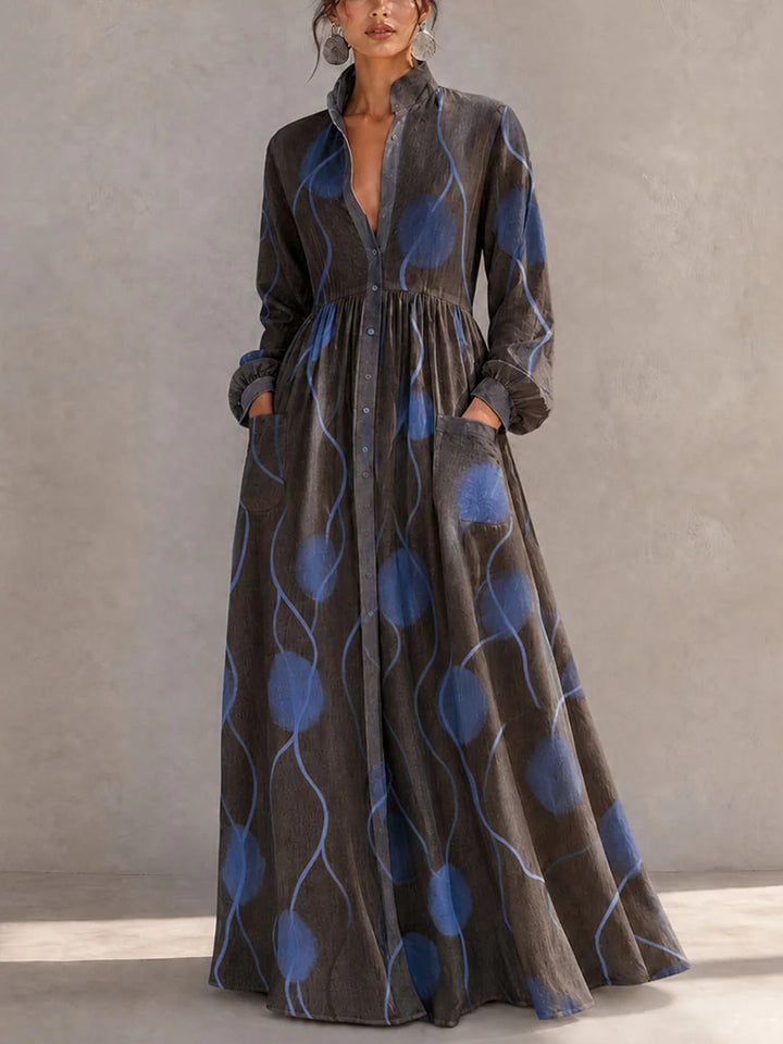 Vestido Maxi Largo Con Bolsillos, Botones En Color Contrastante Y Mangas Abullonadas