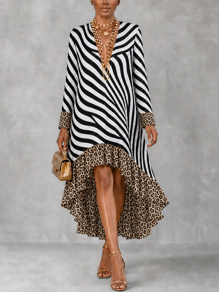Vestido Midi Con Estampado De Leopardo, Cremállera, Abertura, Volantes Y Escote En V Asimétrico