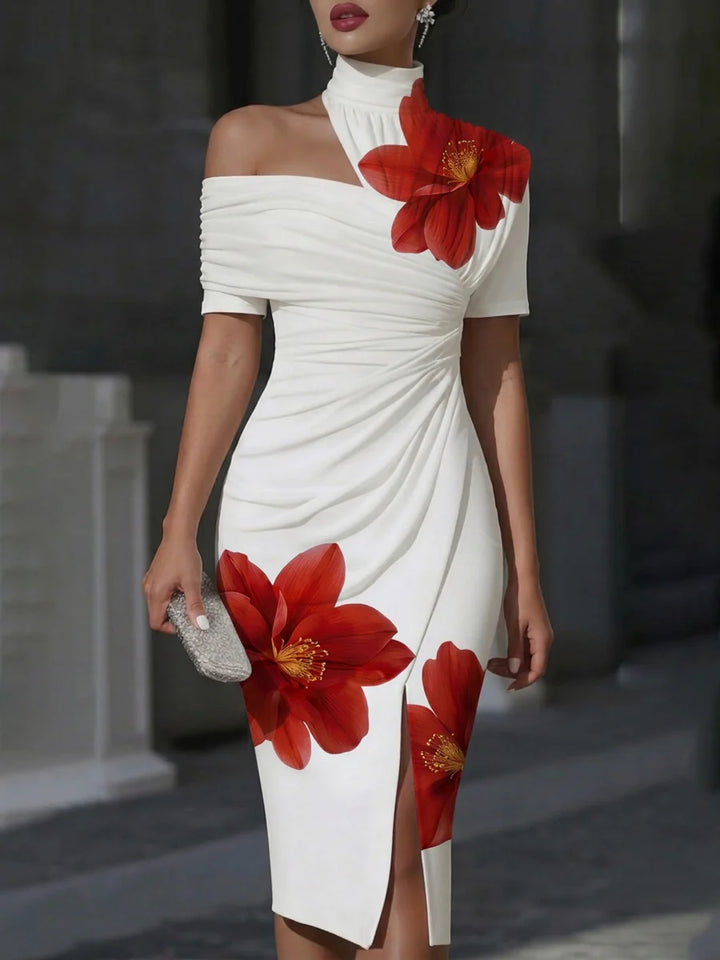 VESTIDO MIDI BODYCON MANGA CURTA COM ESTAMPADO FLORAL PLISSADO E ABERTURA FRONTAL - GOLA ALTA