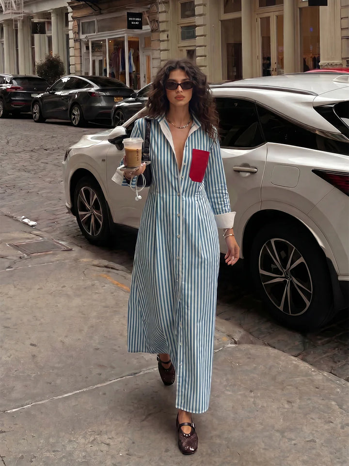 VESTIDO MIDI CAMISEIRO ÀS RISCAS COM BOLSOS, CINTURA ALTA E GOLA DE LAPELA