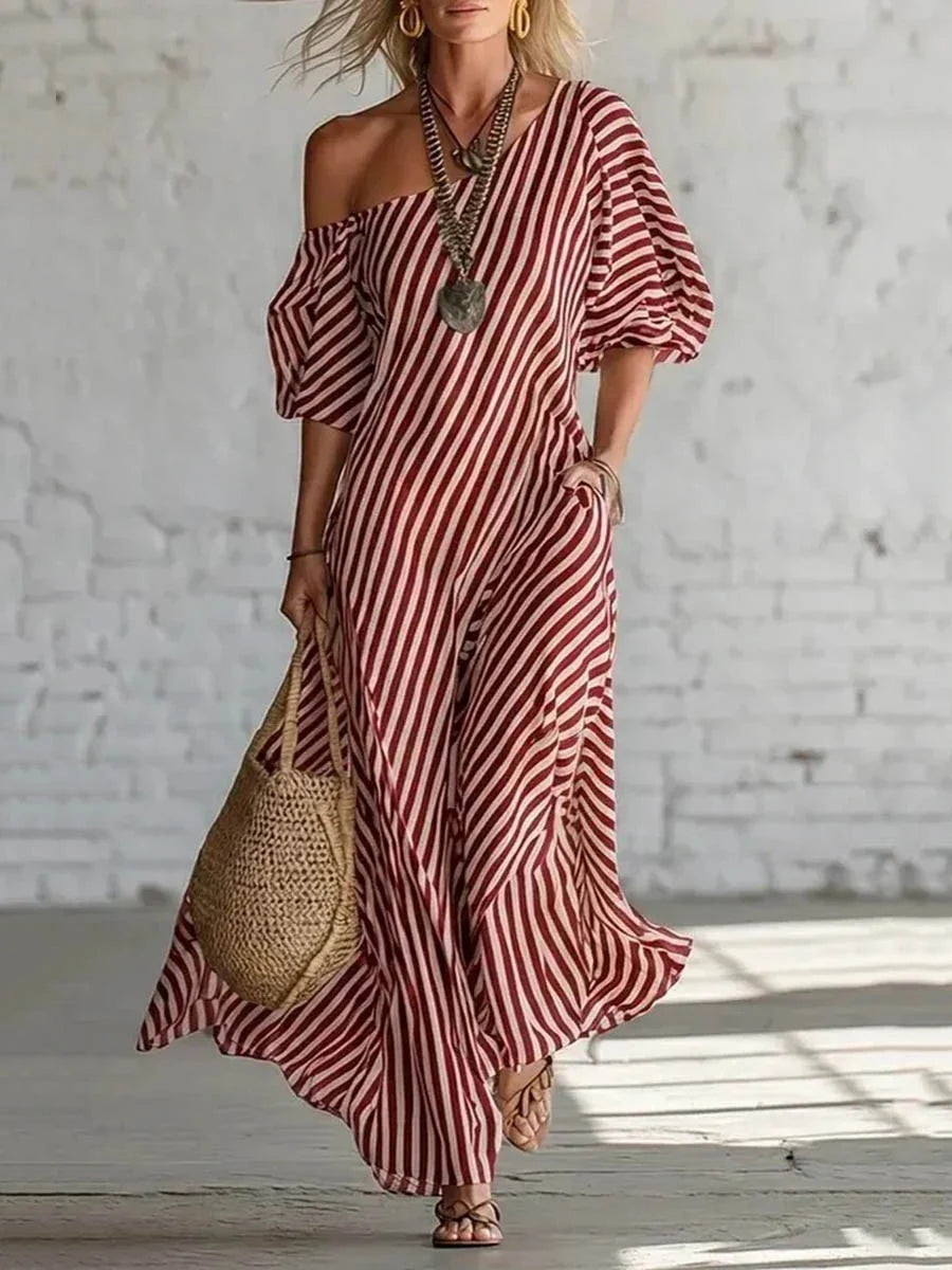 Vestido Maxi Plus Size às Riscas De Um Ombro Com Bolsos E Manga Balão