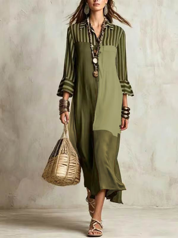 Vestido Midi Camisero Con Mangas Campana Y Bloques De Color En Contraste
