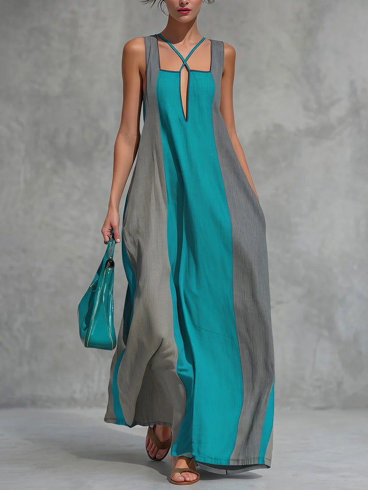 VESTIDO MAXI LARGO SEM MANGAS, COM DECOTE QUADRADO, COSTAS ABERTAS E BOLSOS