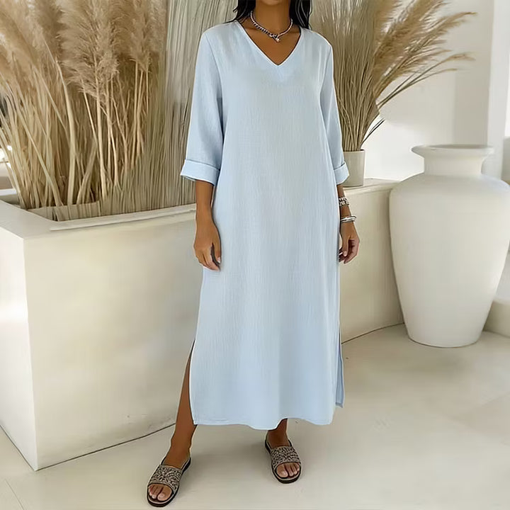 Vestido Maxi Color Sólido Con Cuello En V Y Manga Larga Estilo Retro En Poliéster