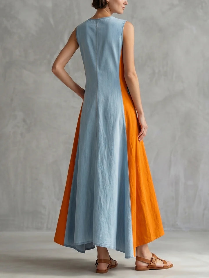 Vestido Maxi Holgado Línea A Bicolor Con Abertura Frontal Y Cuello Redondo