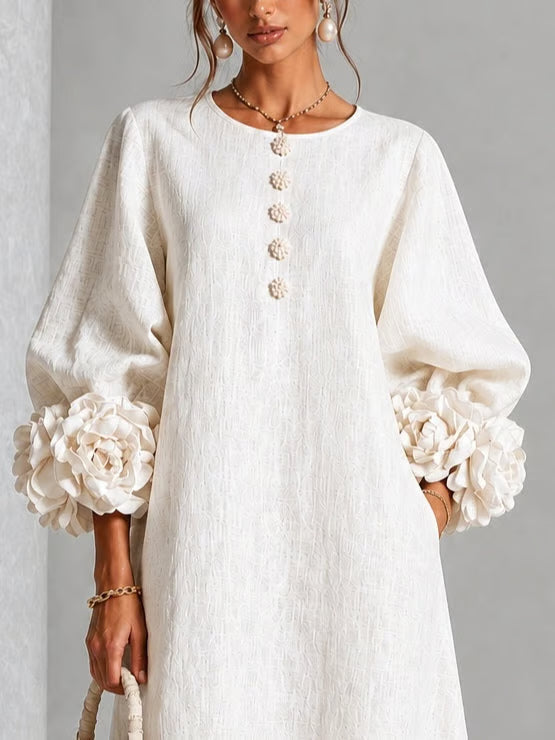 Vestido Midi Floral Con Puños 3d Y Botones Decorativos Y Bolsillos