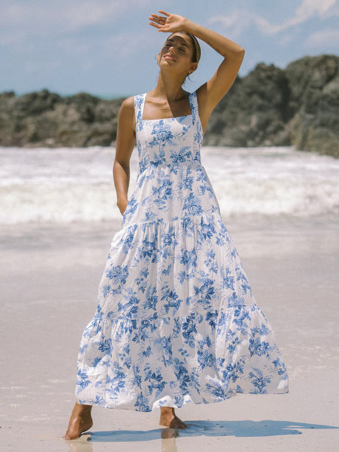 VESTIDO MAXI VERDE FLORAL CON VOLANTES ESCALONADOS