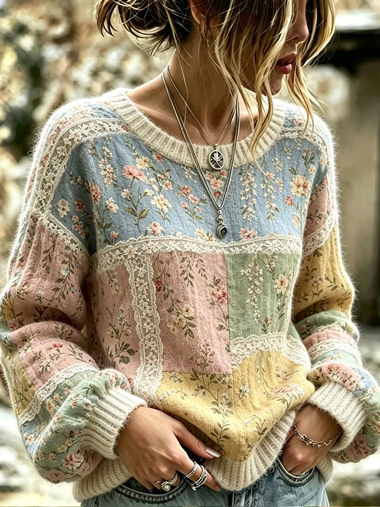 Jersey De Punto Cuello Redondo - Estampado Floral Pequeño Patchwork Casual Manga Larga