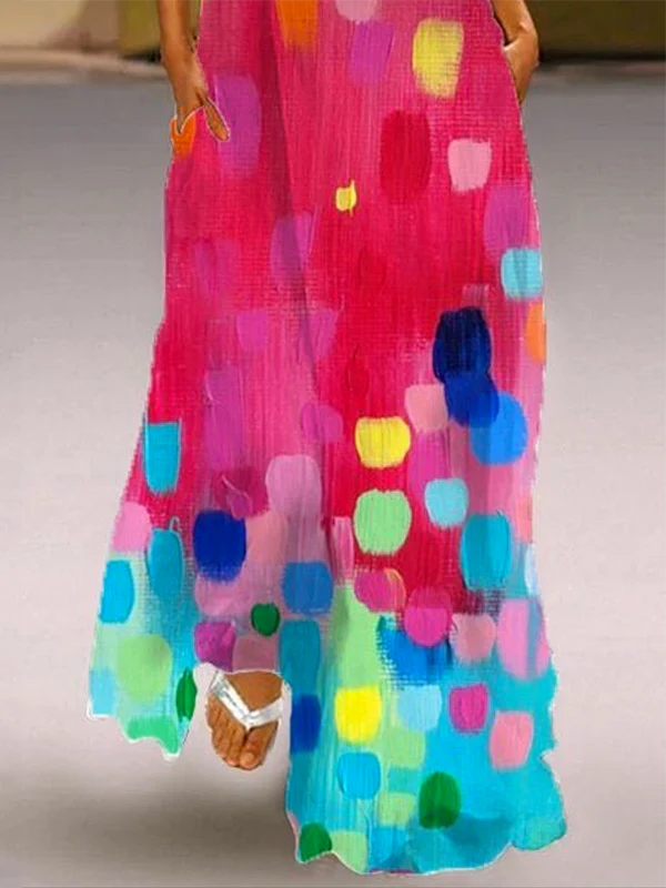 Vestido maxi suelto sin mangas escote en v estampado color contrastante
