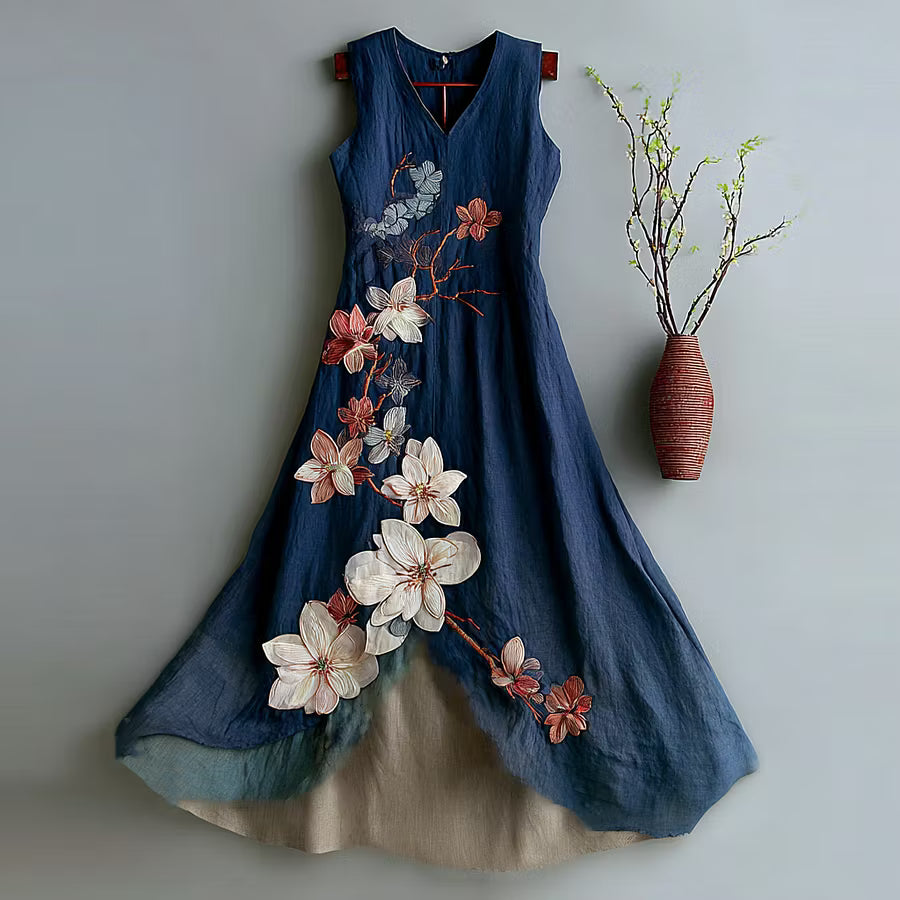 VESTIDO FEMENINO VINTAGE SIN MANGAS DE LINO CON BORDADO FLORAL CONTRASTANTE