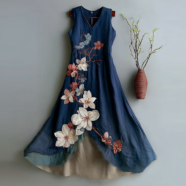 VESTIDO FEMENINO VINTAGE SIN MANGAS DE LINO CON BORDADO FLORAL CONTRASTANTE