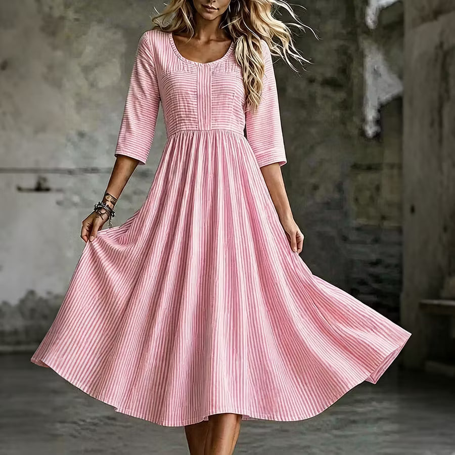 Vestido Casual De Manga 3/4 Com Estampado Geométrico De Riscas