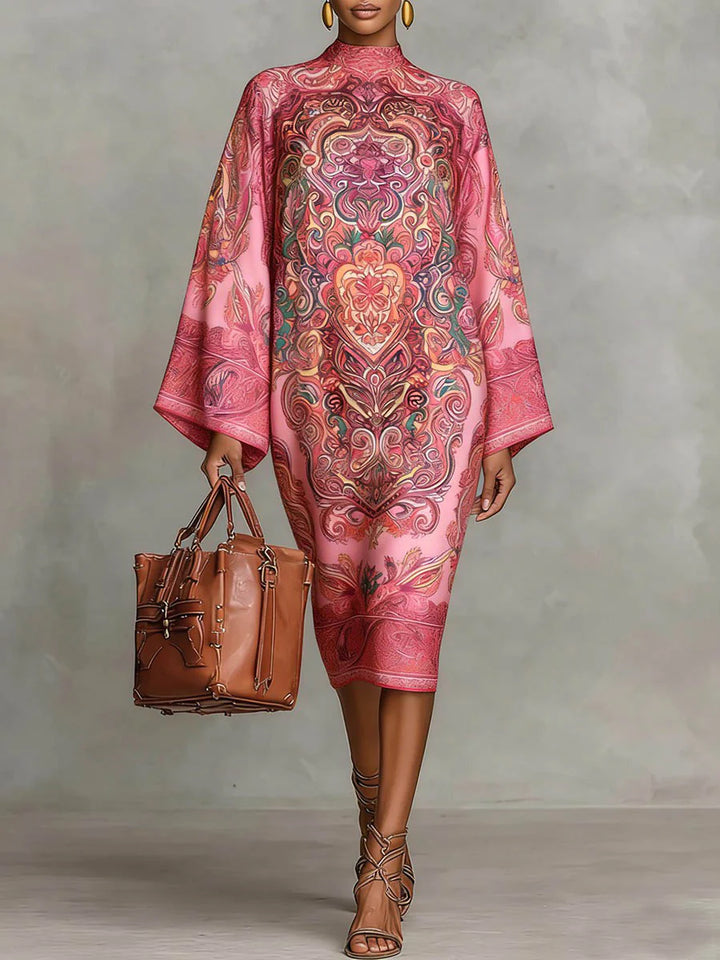 Vestido Midi Holgado De Manga Larga Con Estampado En Contraste Y Cuello Simulado