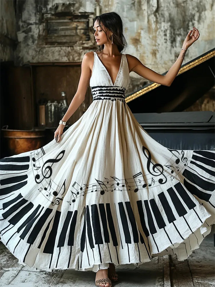 VESTIDO MAXI DE LINO FLUIDO CON ESTAMPADO DE NOTAS MUSICALES y PIANO