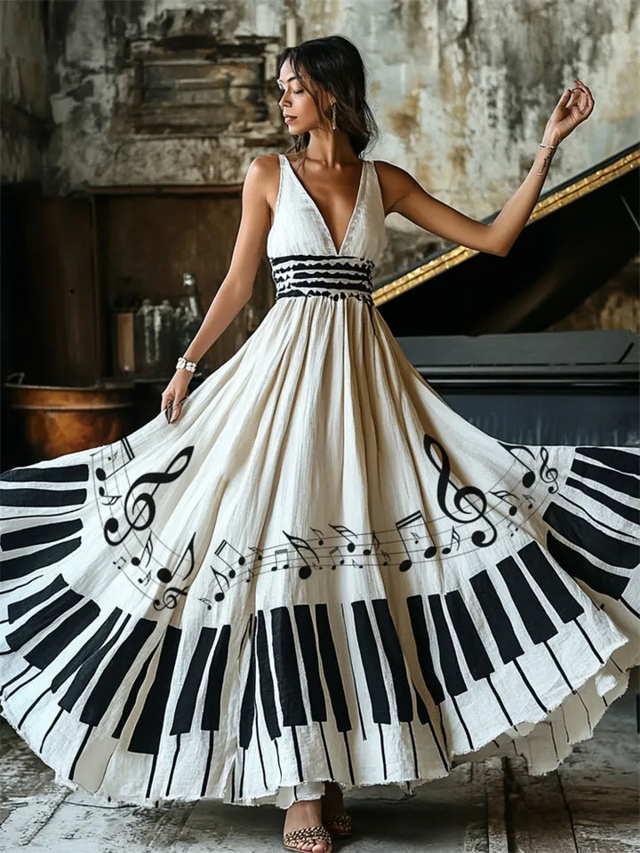 Vestido Maxi de Linho Fluido com Padrão de Notas Musicais e Piano