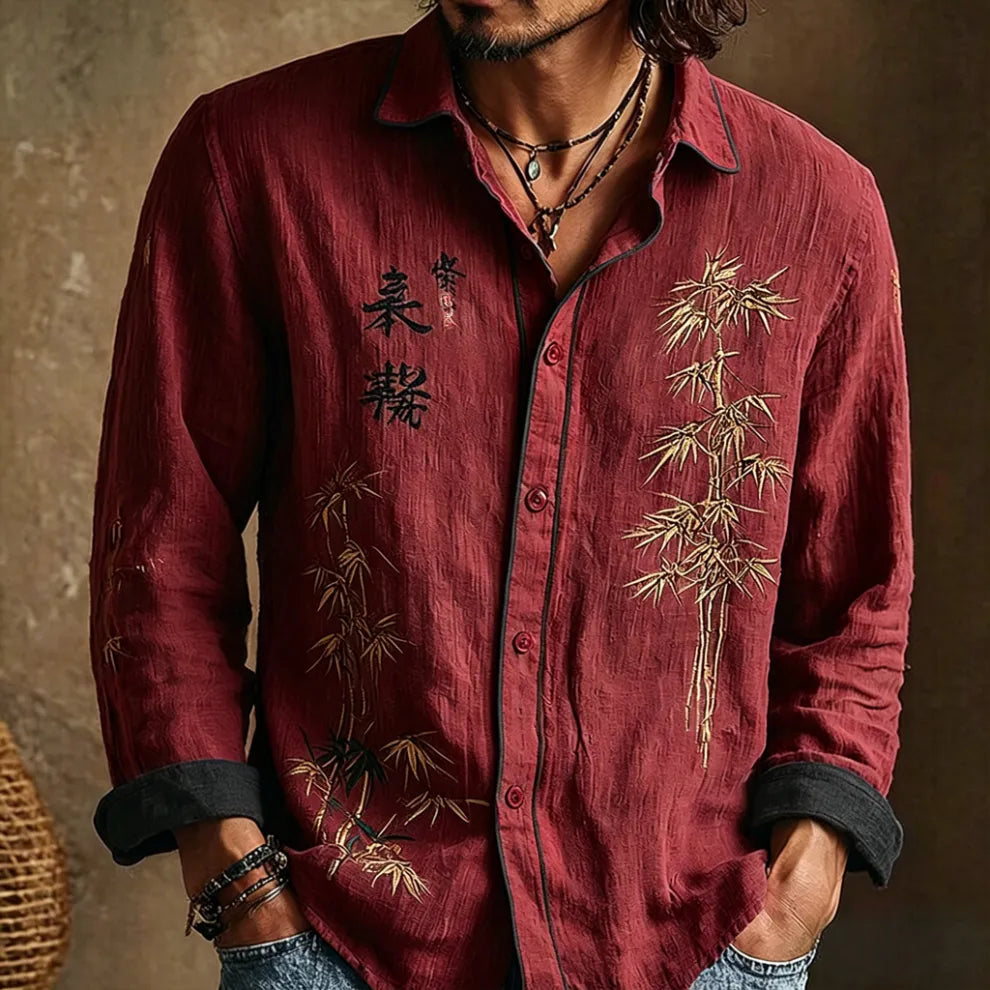Camisa casual retro japonesa con estampado de bambú y caligrafía para hombre