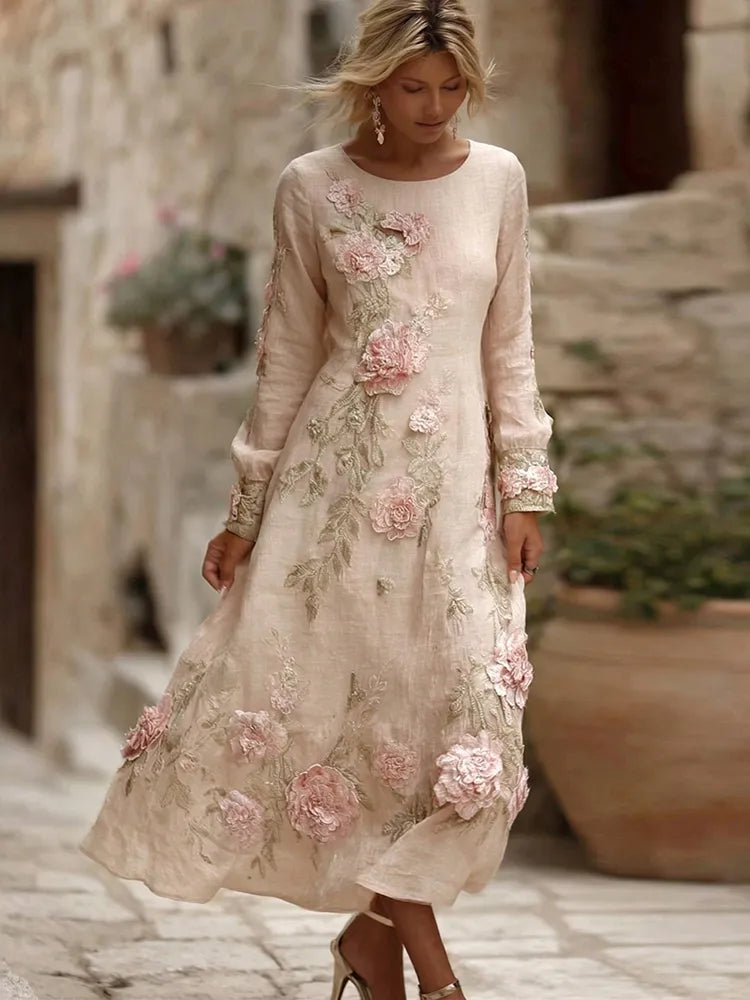Vestido Largo De Mezcla De Lino Con Bordado De Flores Rosas Y Cuello Redondo