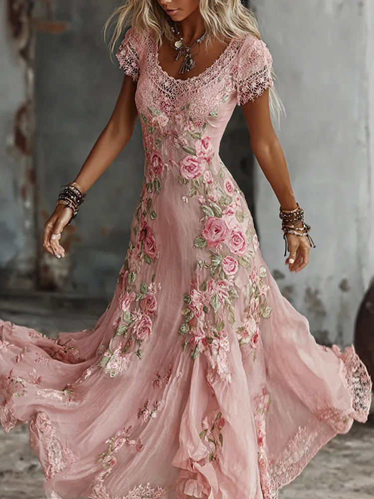 Vestido Largo Fluido De Mujer Con Bordado Floral De Rosas Estilo Bohemio