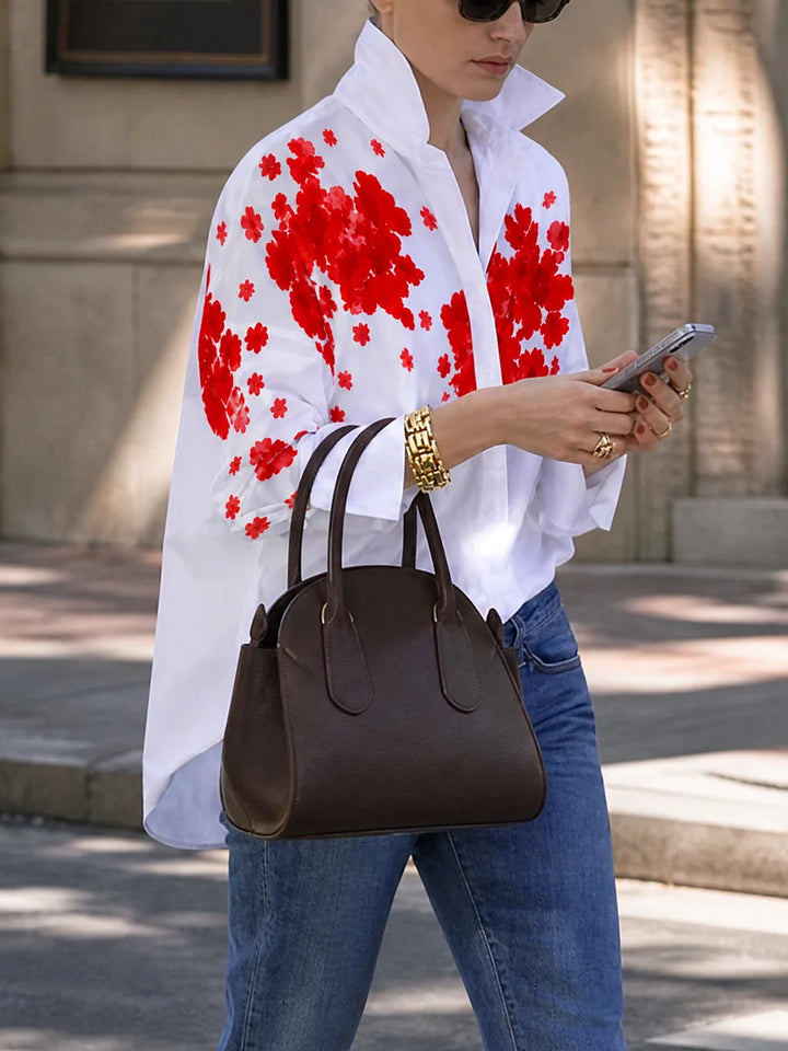 Blusa Camisa Estampado Floral Manga Larga Con Cuello En V Anudada Y Botones