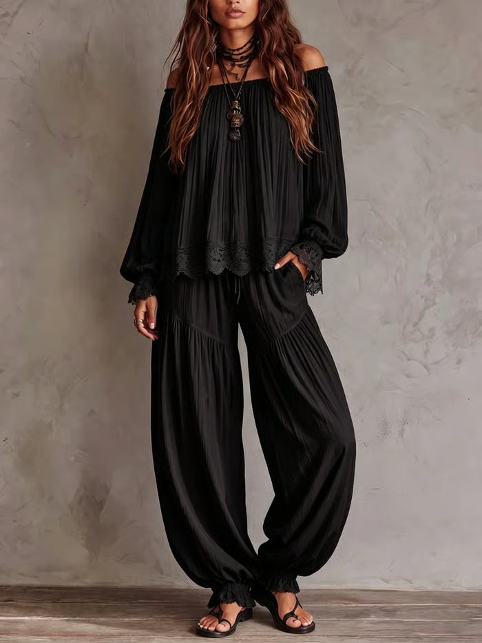 CONJUNTO DOS PIEZAS NEGRO - TOP HOMBROS DESCUBIERTOS CON ENCAJE Y PANTALÓN HARÉN