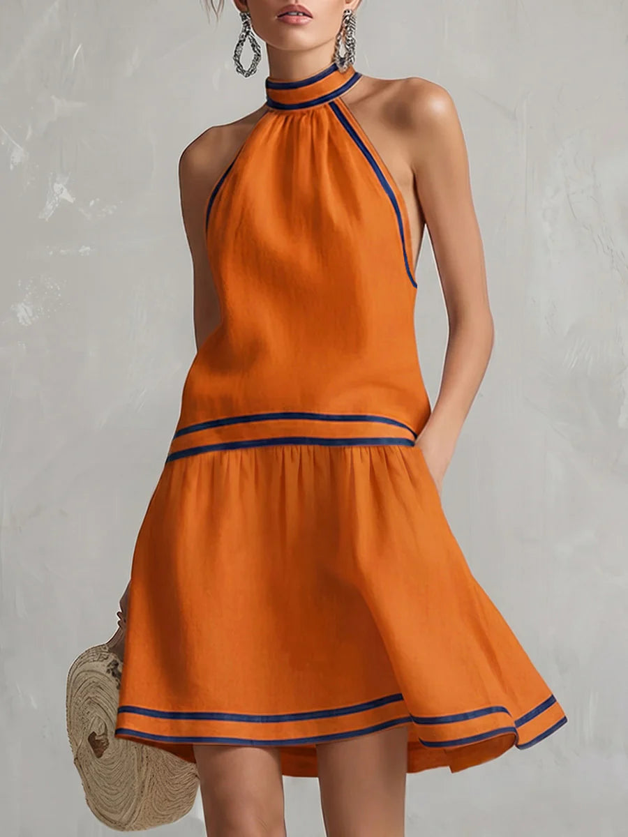 Vestido Mini Corte A Sin Mangas Halter Cremallera Bolsillos Color Contrastante
