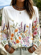 Blusa vintage floral casual de algodón y lino con cuello redondo y manga larga