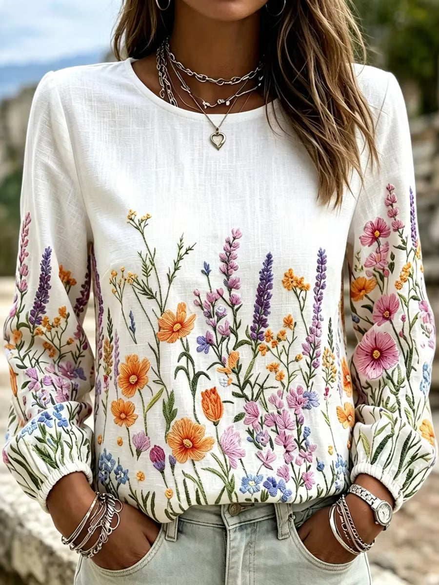 Blusa vintage floral casual de algodón y lino con cuello redondo y manga larga