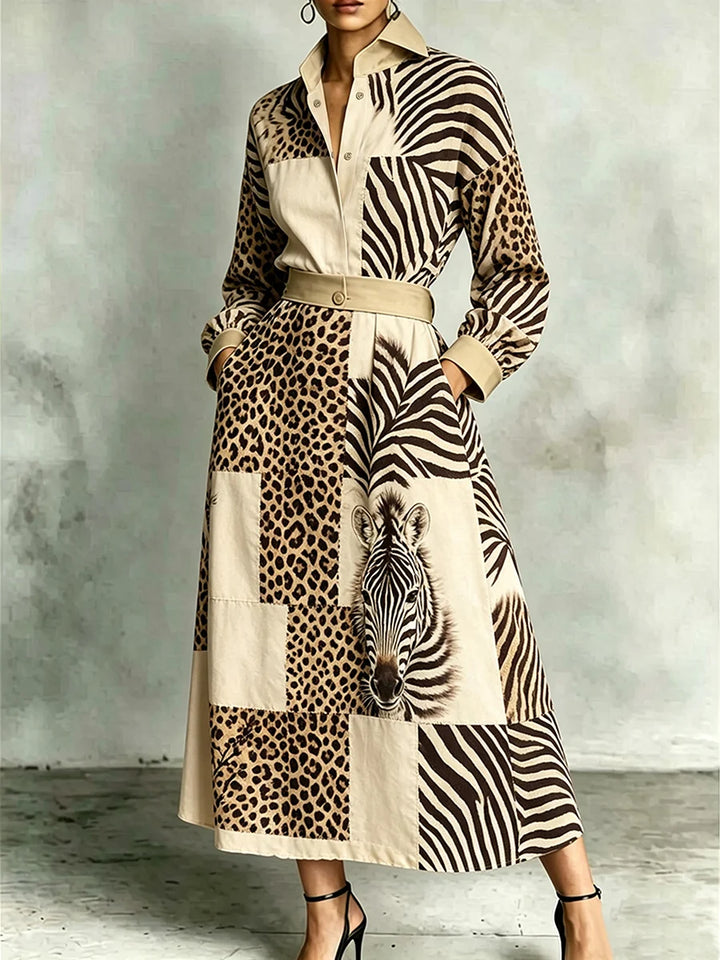 Vestido Maxi Estampado Cebra Y Leopardo Con Bolsillos Manga Larga Cintura Alta Y Solapa
