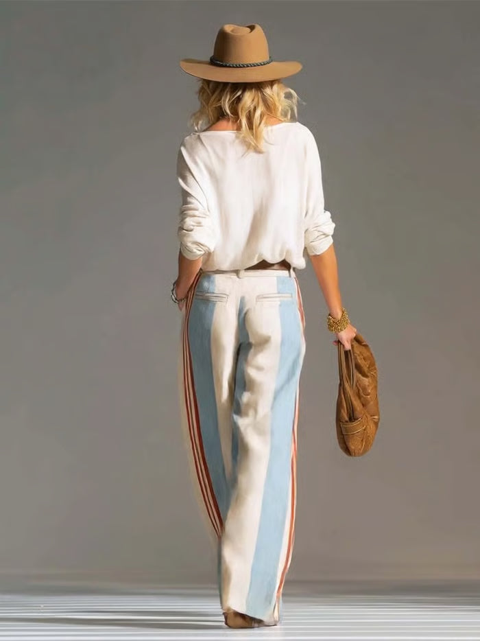 CONJUNTO RETRO CASUAL - TOP CRUZADO MARFIL CUELLO EN V Y PANTALÓN PIERNA ANCHA DE RAYAS EN LINO Y ALGODÓN