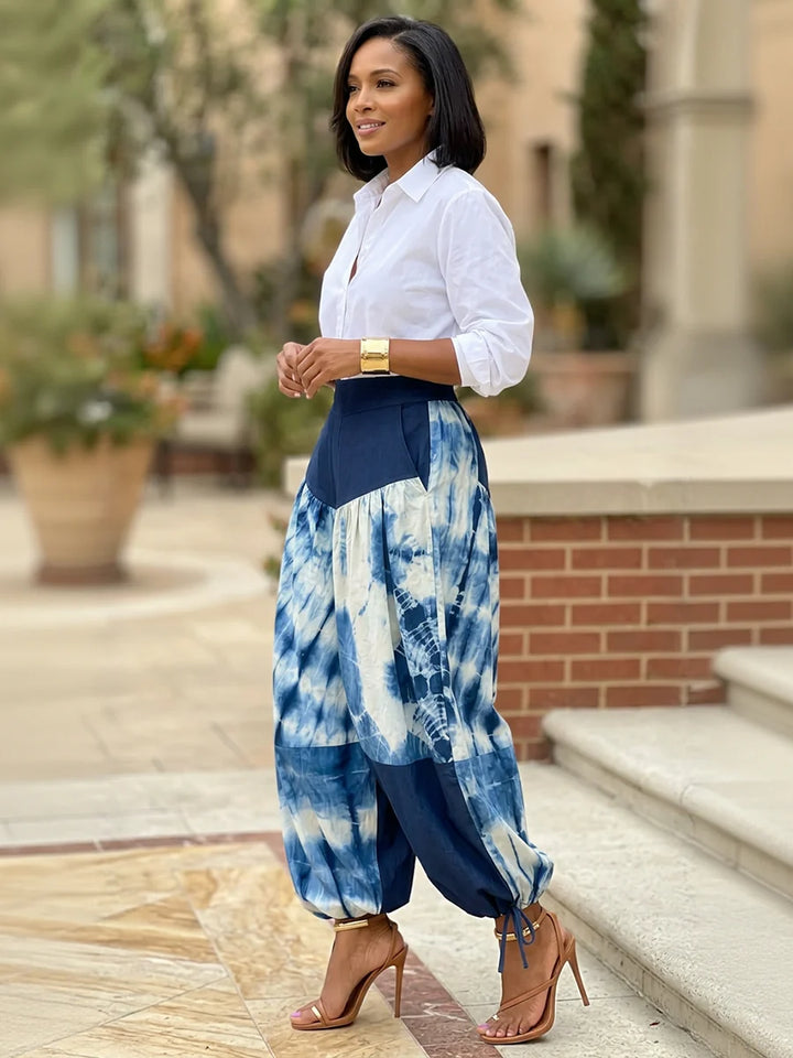 Pantalón De Cintura Alta Con Estampado En Colores Contrastantes Y Amarre En El Tobillo