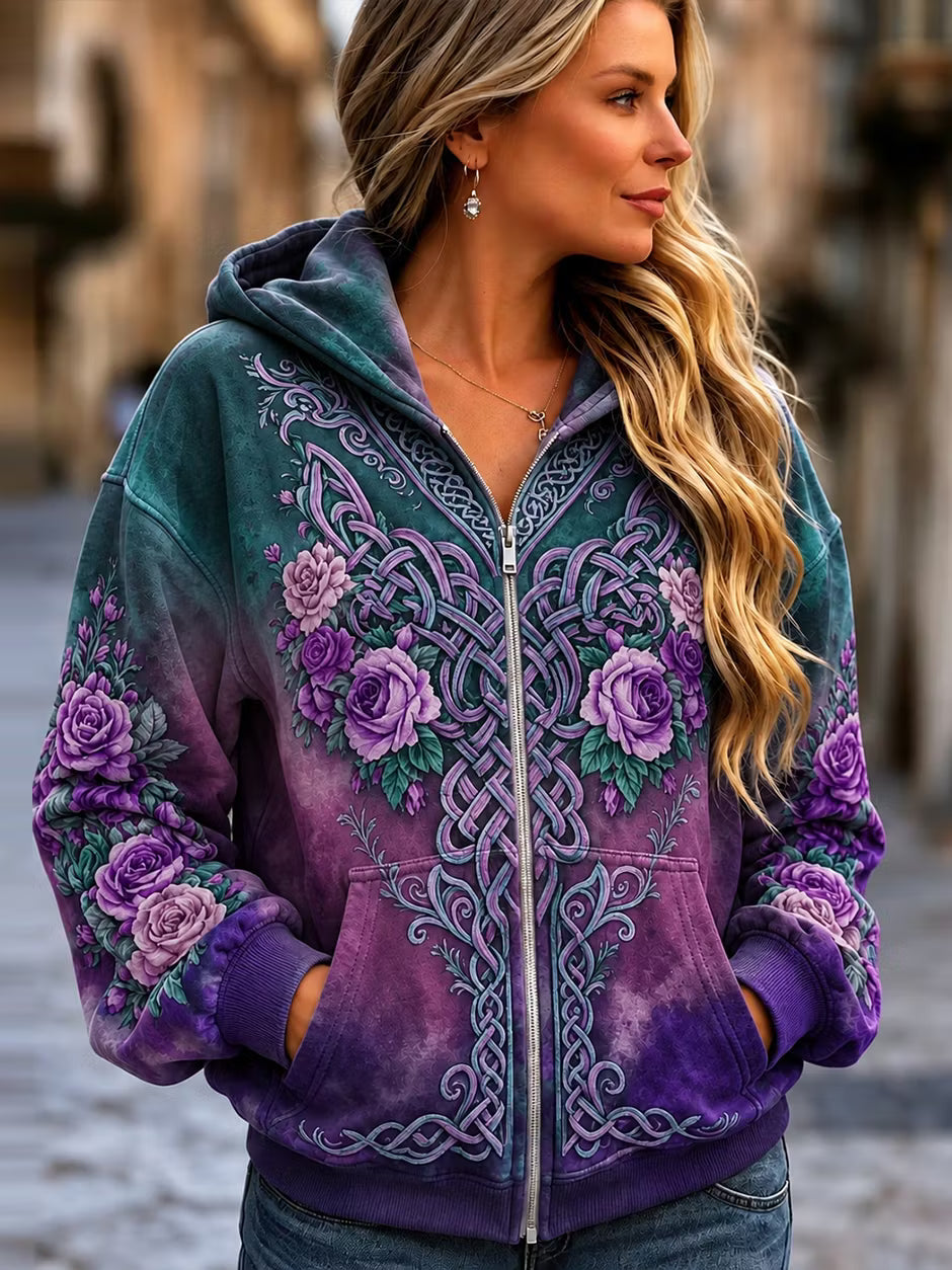Sudadera Con Capucha Y Cremallera Vintage - Estampado Vikingo Nudo Celta Y Rosa