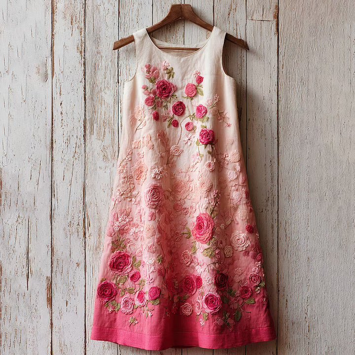 VESTIDO CORTO ELEGANTE FEMENINO CON ESTAMPA DEGRADÉ DE ROSAS ROSA