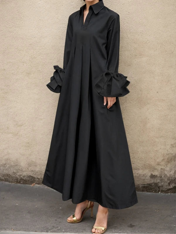Vestido Maxi Camisero Plisado Manga Larga Con Solapa