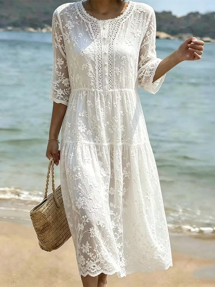Vestido Vintage De Algodón Y Lino Con Bordado De Encaje Y Flores De Cerezo Blancas