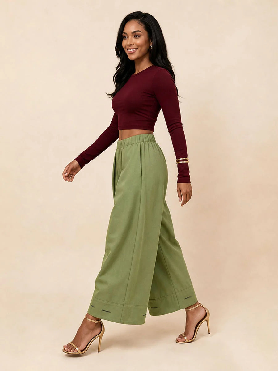 Pantalón De Pierna Ancha Con Bolsillos, Pliegues, Elástico Y Botones En Color Sólido