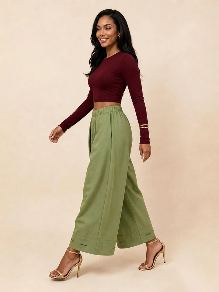 Pantalón De Pierna Ancha Con Bolsillos, Pliegues, Elástico Y Botones En Color Sólido
