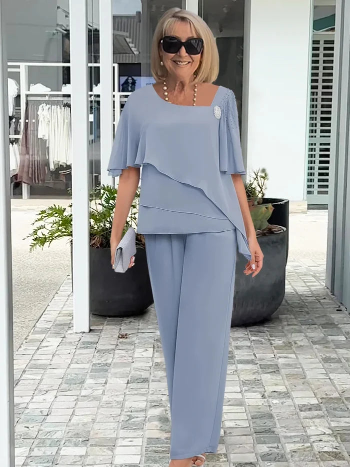 CONJUNTO FEMENINO TOP EN CAPAS ASIMETRICO Y PANTALON DE PIERNA ANCHA - LOOK ELEGANTE PARA NOCHE
