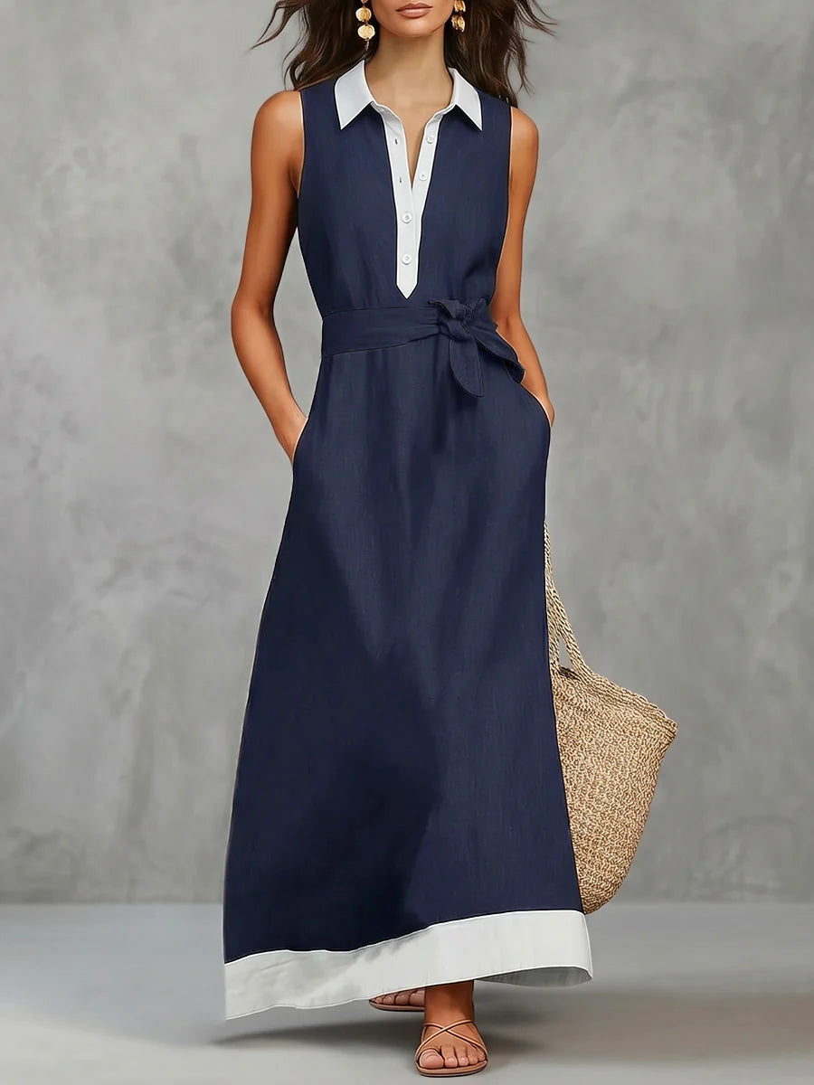 Vestido Maxi Holgado Línea A Con Botones, Contraste De Color, Bolsillos, Lazada Y Cremallera - Cuello Solapa