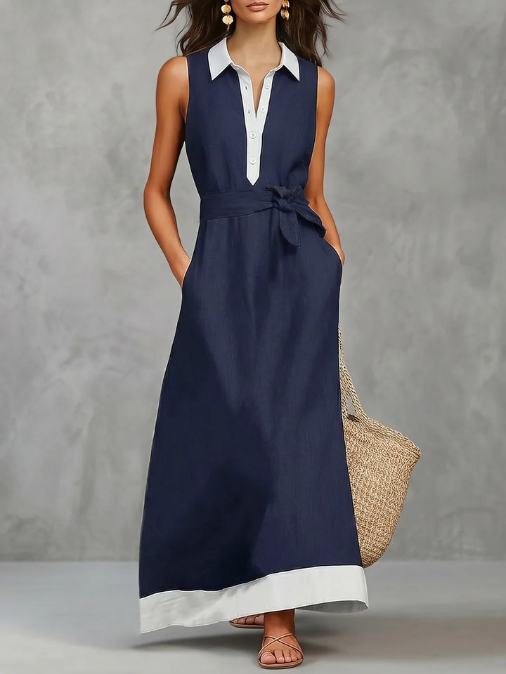 Vestido Maxi Holgado Línea A Con Botones, Contraste De Color, Bolsillos, Lazada Y Cremallera - Cuello Solapa