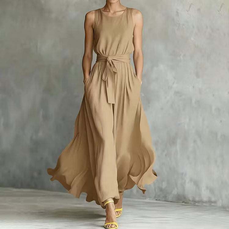 Vestido Maxi Elegante Sin Mangas Con Cuello Redondo Color Sólido Y Cintura Ajustada Con Cordones