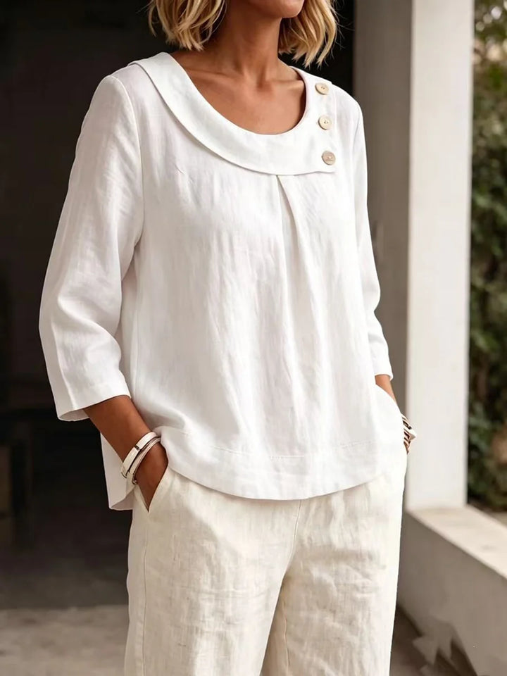Blusa Asimétrica Plisada Con Botones Y Escote En U En Color Sólido