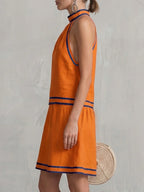 Vestido mini corte a sin mangas halter cremallera bolsillos color contrastante