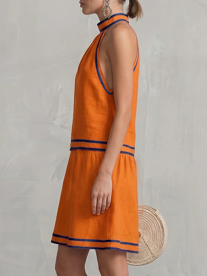 Vestido Mini Corte A Sin Mangas Halter Cremallera Bolsillos Color Contrastante