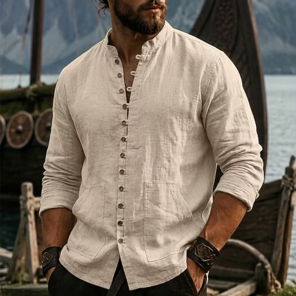 Camisa Casual Transpirable Hombre Cuello Mao Con Bolsillos
